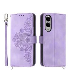 Per Samsung Galaxy S25 Edge 5G Custodia in pelle con motivo floreale in rilievo (viola)