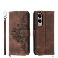 Per Samsung Galaxy S25 Edge 5G Custodia in pelle con motivo a fiori in rilievo (marrone)