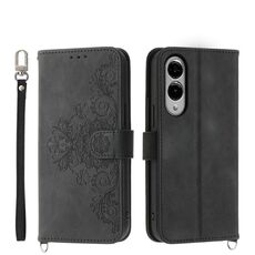 Per Samsung Galaxy S25 Edge 5G Custodia in pelle con motivo a fiori in rilievo (nero)