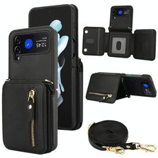 Per Samsung Galaxy Z Flip4 Crossbody Zipper Dual Buckle Card Bag Folding Phone Case (Nero)