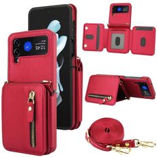 Per Samsung Galaxy Z Flip4 Crossbody Zipper Dual Buckle Card Bag Folding Phone Case (Rosso)