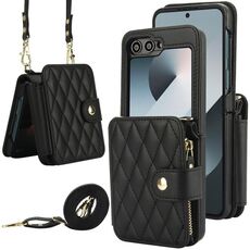 Per Samsung Galaxy Z Flip6 Crossbody Rhombus Wallet Bag Custodia pieghevole per telefono con cordino (nero)