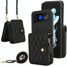 Per Samsung Galaxy Z Flip4 Crossbody Rhombus Wallet Bag Custodia pieghevole per telefono con cordino (nero)