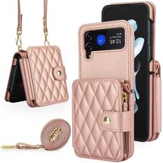 Per Samsung Galaxy Z Flip4 Crossbody Rhombus Wallet Bag Custodia pieghevole per telefono con cordino (oro rosa)