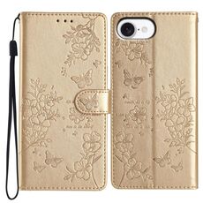 Per iPhone 16e Custodia in pelle con farfalle e fiori (oro)