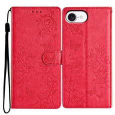 Per iPhone 16e Custodia in pelle con farfalle e fiori (rosso)