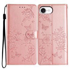 Per iPhone 16e Custodia in pelle con farfalle e fiori (oro rosa)