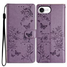 Per iPhone 16e Custodia in pelle con farfalle e fiori (viola)