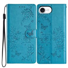 Per iPhone 16e Custodia in pelle con farfalle e fiori (blu)