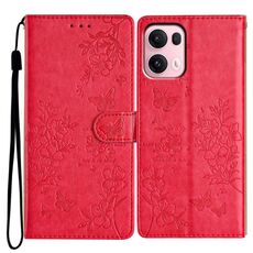 Per OPPO Reno13 Pro Custodia per telefono in pelle con farfalle e fiori globali (rosso)
