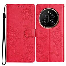 Custodia in pelle per telefono Honor Magic7 Pro con farfalle e fiori (rosso)