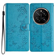 Custodia in pelle per telefono For Honor Magic7 con farfalle e fiori (blu)