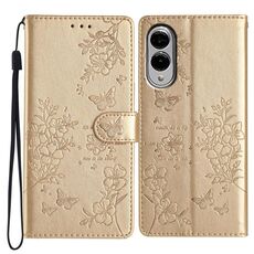 Per Samsung Galaxy S25 Edge 5G Custodia in pelle con farfalle e fiori (oro)