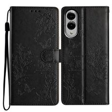 Per Samsung Galaxy S25 Edge 5G Custodia in pelle con farfalle e fiori (nero)