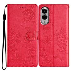 Per Samsung Galaxy S25 Edge 5G Custodia in pelle con farfalle e fiori (rosso)