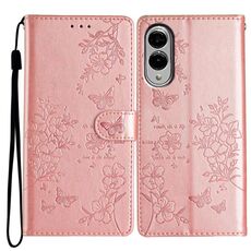 Per Samsung Galaxy S25 Edge 5G Custodia in pelle con farfalle e fiori (oro rosa)