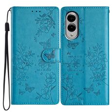 Per Samsung Galaxy S25 Edge 5G Custodia in pelle con farfalle e fiori (blu)