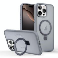 Per iPhone 16 Pro Max Custodia per telefono con supporto MagSafe ad anello effetto pelle (grigio titanio)
