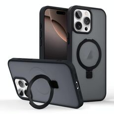 Per iPhone 16 Pro Max Custodia per telefono con supporto MagSafe ad anello effetto pelle (nero)