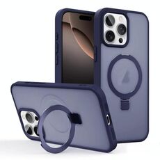 Per iPhone 16 Pro Max Custodia per telefono con supporto MagSafe ad anello effetto pelle (blu scuro)