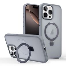 Per iPhone 16 Pro Custodia per telefono con supporto MagSafe ad anello effetto pelle (grigio titanio)