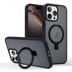 Per iPhone 16 Pro Custodia per telefono con supporto MagSafe ad anello effetto pelle (nero)