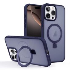 Per iPhone 16 Pro Custodia per telefono con supporto MagSafe ad anello effetto pelle (blu scuro)