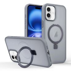 Per iPhone 16 Plus Custodia per telefono con supporto MagSafe ad anello con effetto pelle (grigio titanio)