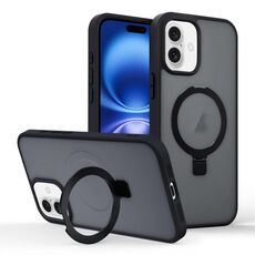 Per iPhone 16 Plus Custodia per telefono con supporto MagSafe ad anello effetto pelle (nero)