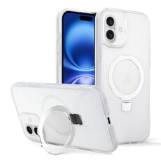 Per iPhone 16 Plus Custodia per telefono con supporto MagSafe ad anello effetto pelle (bianco trasparente)