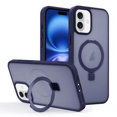 Per iPhone 16 Plus Custodia per telefono con supporto MagSafe ad anello effetto pelle (blu scuro)