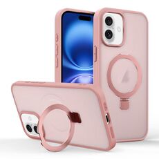 Per iPhone 16 Plus Custodia per telefono con supporto MagSafe ad anello effetto pelle (rosa)