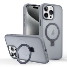 Per iPhone 15 Pro Max Custodia per telefono con supporto MagSafe ad anello effetto pelle (grigio titanio)