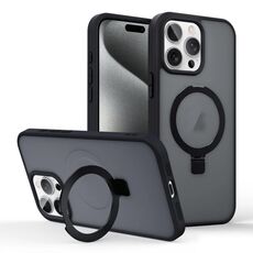 Per iPhone 15 Pro Max Custodia per telefono con supporto MagSafe ad anello effetto pelle (nero)