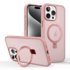 Per iPhone 15 Pro Custodia per telefono con supporto MagSafe ad anello effetto pelle (rosa)