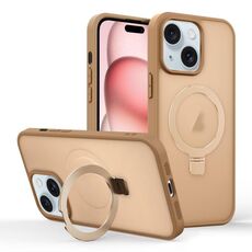 Per iPhone 15 Plus Custodia per telefono con supporto MagSafe ad anello con effetto pelle (oro deserto)