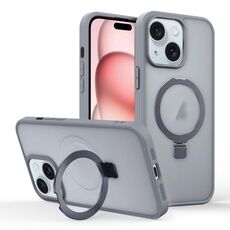 Per iPhone 15 Plus Custodia per telefono con supporto MagSafe ad anello effetto pelle (grigio titanio)