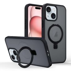 Per iPhone 15 Plus Custodia per telefono con supporto MagSafe ad anello effetto pelle (nero)
