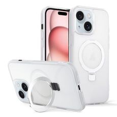 Per iPhone 15 Plus Custodia per telefono con supporto MagSafe ad anello effetto pelle (bianco trasparente)