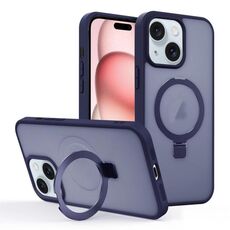 Per iPhone 15 Plus Custodia per telefono con supporto MagSafe ad anello effetto pelle (blu scuro)