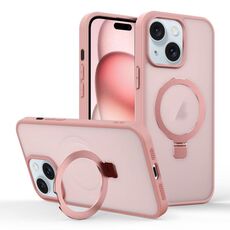 Per iPhone 15 Plus Custodia per telefono con supporto MagSafe ad anello effetto pelle (rosa)