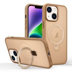 Per iPhone 14 Custodia per telefono con supporto MagSafe ad anello effetto pelle (oro deserto)