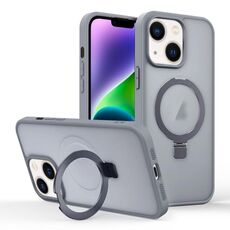 Per iPhone 14 Custodia per telefono con supporto MagSafe ad anello effetto pelle (grigio titanio)