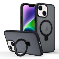 Per iPhone 14 Custodia per telefono con supporto MagSafe ad anello effetto pelle (nero)
