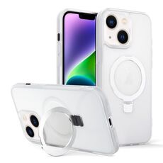 Per iPhone 14 Custodia per telefono con supporto MagSafe ad anello effetto pelle (bianco trasparente)