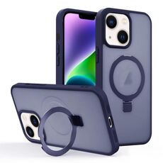 Per iPhone 14 Custodia per telefono con supporto MagSafe ad anello effetto pelle (blu scuro)