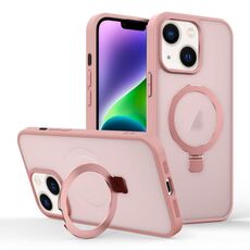 Per iPhone 14 Custodia per telefono con supporto MagSafe ad anello effetto pelle (rosa)