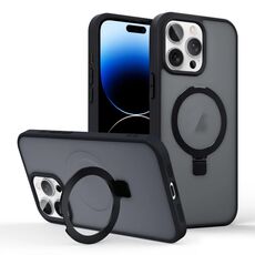 Per iPhone 14 Pro Max Custodia per telefono con supporto MagSafe ad anello effetto pelle (nero)