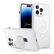 Per iPhone 14 Pro Max Custodia per telefono con supporto MagSafe ad anello effetto pelle (bianco trasparente)