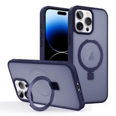 Per iPhone 14 Pro Max Custodia per telefono con supporto MagSafe ad anello effetto pelle (blu scuro)